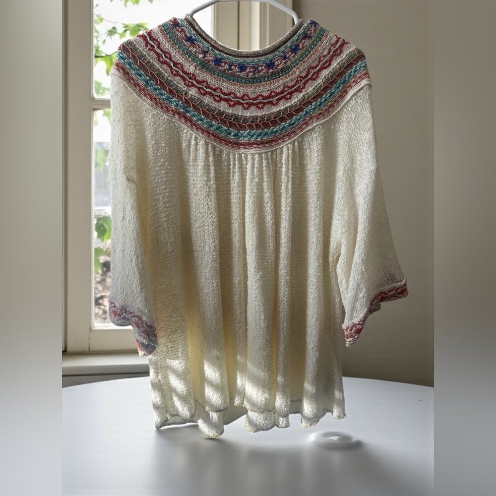 Free People Cream Embroidered Yoke Knit Top XS Boho Peasant Festival Blouse - Picture 10 of 10